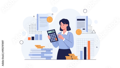 Woman Calculating Finances with Calculator and Stack of Coins