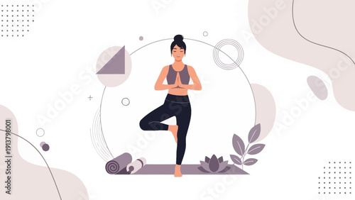Woman Doing Tree Pose Yoga on Mat, Balance and Mindfulness Illustration