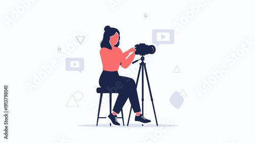 Woman Filming with Camera on Tripod, Digital Content Creation
