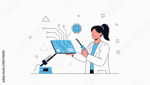 Woman Engineer Working on Circuit Board with CPU and Soldering Iron