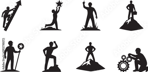 Silhouette icons of people achieving success and goals