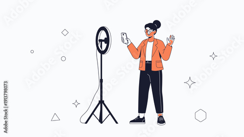 Woman Filming With Ring Light and Smartphone for Social Media Content Creation