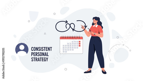 Woman planning consistent personal strategy with calendar and infinity loop