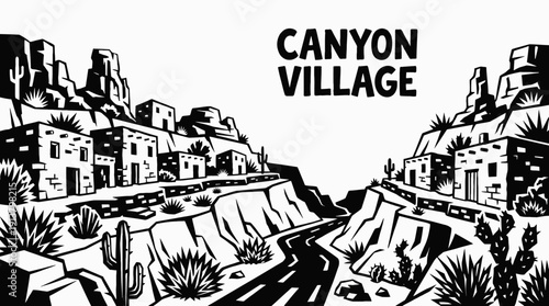 canyon village rural landscape with stone houses built along deep valley countryside settlement beside winding road and dramatic horizon showing traditional community architecture