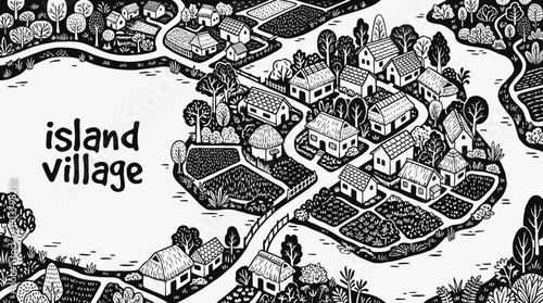 island village rural landscape sketch black and white with clustered houses surrounded by water countryside settlement near narrow road and open horizon showing traditional community architecture