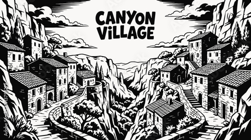 canyon village rural landscape black and white with stone houses built along deep valley countryside settlement beside winding road and dramatic horizon showing traditional community architecture