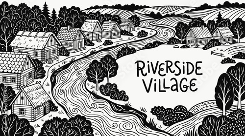 riverside village rural landscape with wooden houses near flowing water countryside settlement along narrow road and green horizon showing traditional community architecture