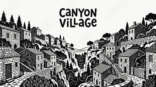 canyon village rural landscape with stone houses built along deep valley countryside settlement beside winding road and dramatic horizon showing traditional community architecture
