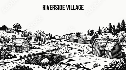 riverside village rural landscape with wooden houses near flowing water countryside settlement along narrow road and green horizon showing traditional community architecture