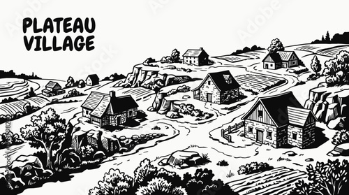 plateau village rural landscape black and white with scattered houses across elevated countryside settlement near dusty road and wide horizon showing traditional community architecture environment