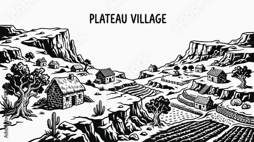 plateau village rural landscape with scattered houses across elevated countryside settlement near dusty road and wide horizon showing traditional community architecture environment
