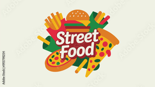Colorful street food illustration with burger, pizza, and fries