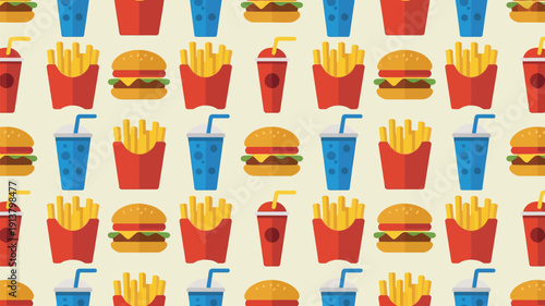 Colorful fast food pattern with burgers, fries, and drinks