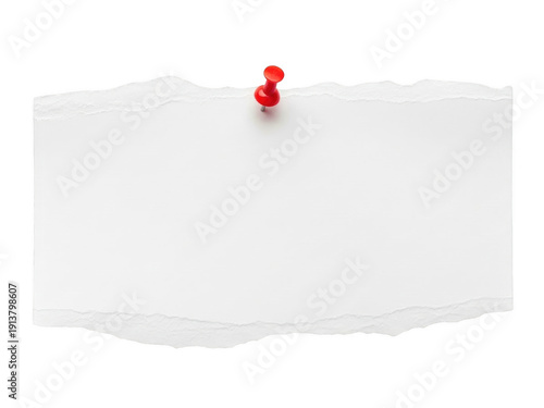 A white piece of paper with a red push pin isolated on transparent background