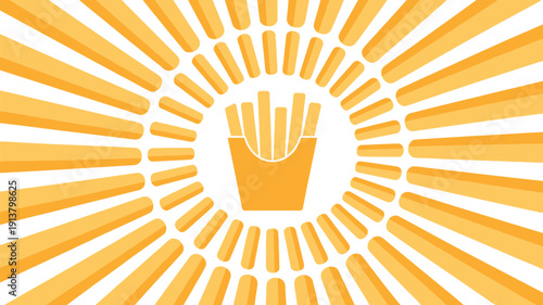 Vibrant orange sunburst design with french fries bucket