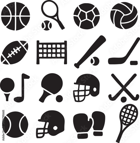 Set of Equipment and Accessories for Various Sports Games Vector Silhouette Icon Isolated.