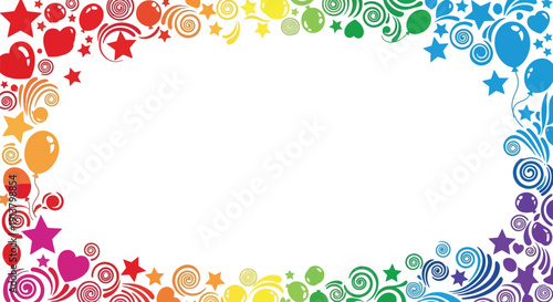 Vibrant rainbow-colored decorative border with hearts and stars surrounding a blank white space from a frontal viewpoint