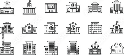 Vector line art icons of various public and private buildings including schools, hospitals, and offices, isolated on a transparent background for UI design.