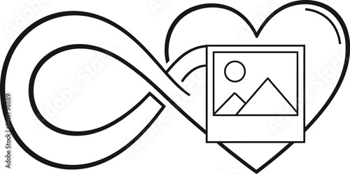 Infinity symbol intertwined with heart and image frame, representing love for photography and visual arts
