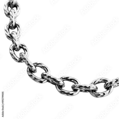 Black and white halftone illustration of metal chain links isolated on white background. Strength, connection, security and durability concept in retro monochrome style.