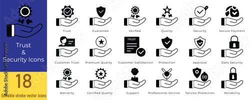A collection of black vector icons representing trust security and financial protection concepts high quality