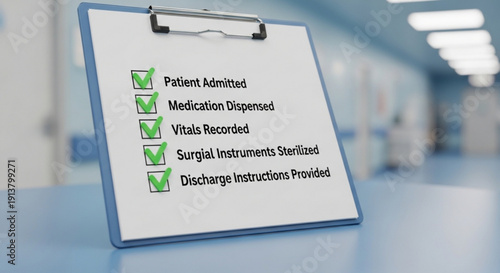 Medical Checklist on Clipboard in Hospital Corridor, Healthcare Process, Blue Tones and Close-up