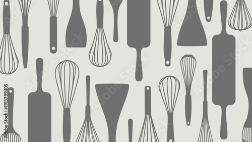 Kitchen utensils and tools on a clean background for cooking and baking