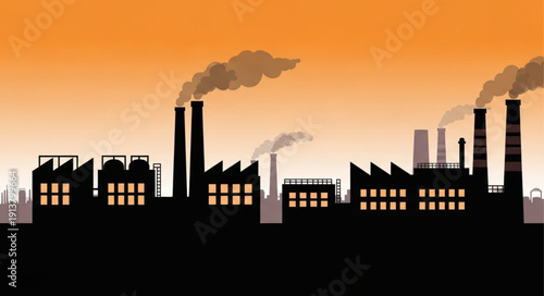 Industrial factory silhouette emitting smoke against an orange sky.