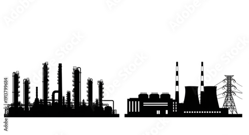 Industrial Factory Silhouette with Cooling Towers and Power Lines.