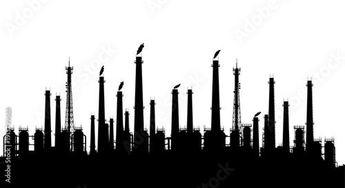 Industrial factory silhouette with chimneys and smoke, representing manufacturing and energy production.