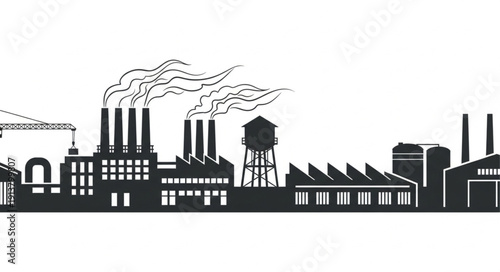 Industrial Factory Silhouette with Smoke Stacks and Water Tower.
