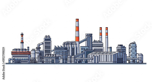 Industrial Factory Complex with Tall Chimneys and Buildings.