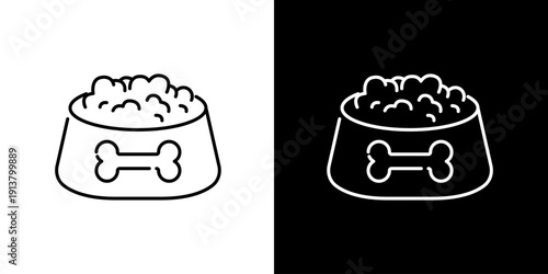Clean Minimalist Vector Outline Icon of a Pet Food Bowl with Bone Detail for Animal Care and Feeding Applications