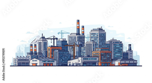 Industrial factory complex with tall chimneys and buildings.