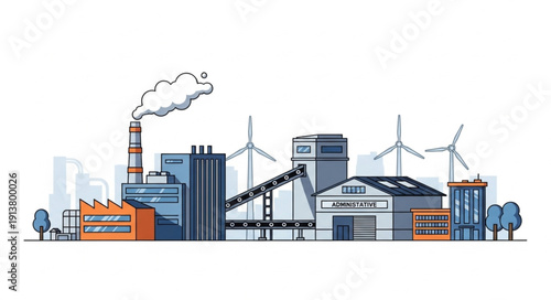 Industrial factory complex with wind turbines and smokestack.