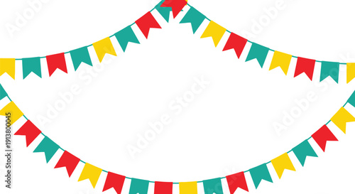Colorful triangular bunting flags arranged in a curved line, illustrating a festive atmosphere, captured from a straightforward viewpoint in an illustration format.