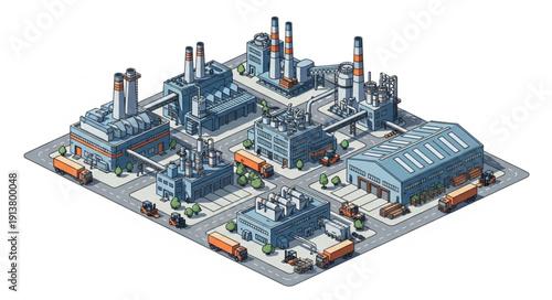 Industrial factory complex with trucks and pipelines isometric view.