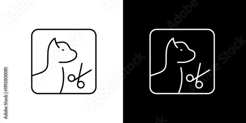 Modern minimalist cat grooming service icon featuring a clean feline silhouette and scissors, ideal for pet care businesses and animal salon branding