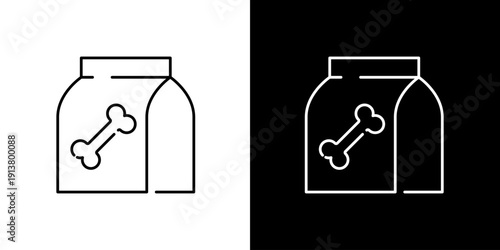 Clean and modern line art icon of a pet food bag, clearly displaying a bone symbol, perfect for illustrating animal nutrition, dog care products, or veterinary service advertisements