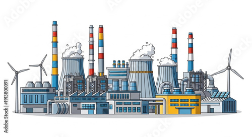 Industrial Factory Complex with Wind Turbines and Smokestacks.