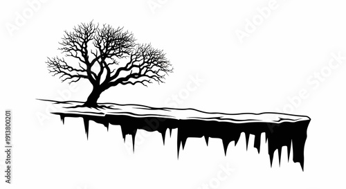 Silhouette of a bare tree on a cliff edge with jagged icicle-like formations below