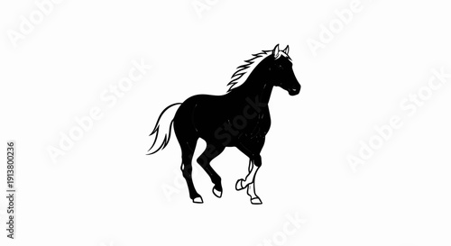 Silhouette of a black horse with a white mane, galloping on a white background