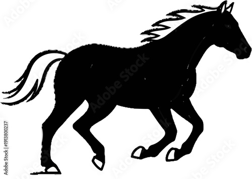 Silhouette of a black horse with flowing mane and tail galloping forward
