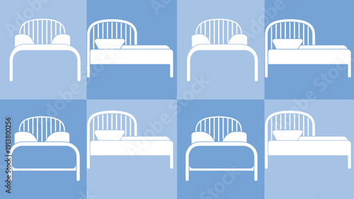 Minimalist white bed icons on blue background for design projects
