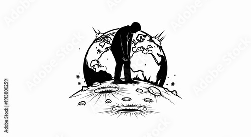 Silhouette of a bowed person on cratered ground with a spiky earth behind