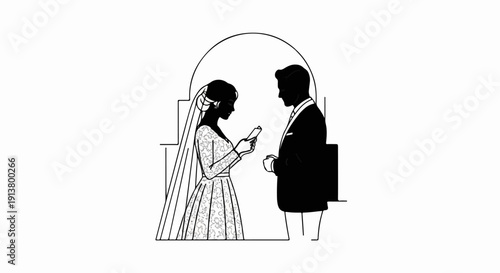 Silhouette of a bride in a detailed gown and groom in a suit looking at a card