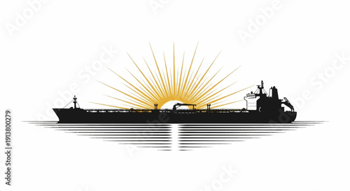 Silhouette of a cargo ship against a rising sun and reflective water