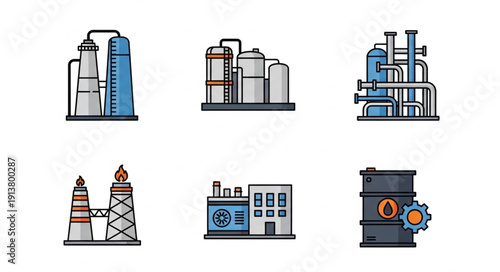 Industrial factory icons set oil and gas industry concept.