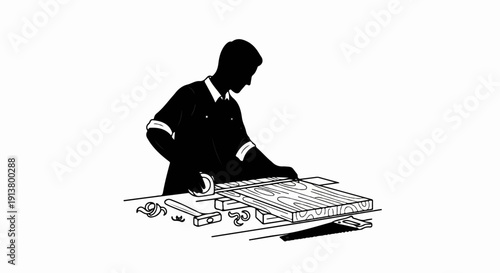 Silhouette of a carpenter working on wood with tools and measuring tape