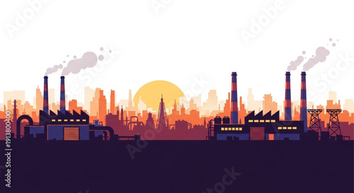Industrial factory landscape with smoking chimneys at sunset.